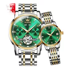 Reloj Mecánico Automático Reloj De Pareja Reloj Esqueleto Color De La Correa Plateado Color Del Bisel Dorado Color Del Fondo Green Watch