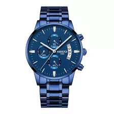 Reloj Nibosi 2309 De Acero Inoxidable Para Hombre Con Correa De Cronógrafo Funcional, Color Azul, Bisel, Color Azul, Fondo Azul