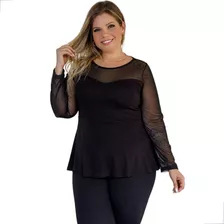 Blusa Feminina Peplum Com Manga Longa Em Tule Plus Size