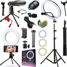 Kit Ring Light Luz Tripé Microfone Profissional Vídeo Aula 