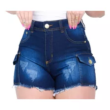Shorts Feminino Jeans Cintura Alta Bermuda Lycra Com Bolso