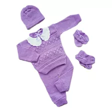 Kit Bebe 5 Pcs Em Trico Blusa Calça Gorro Meia Luva Lã Frio