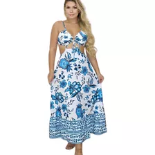 Vestido Feminino Estampado Longo Com Amarraçao 