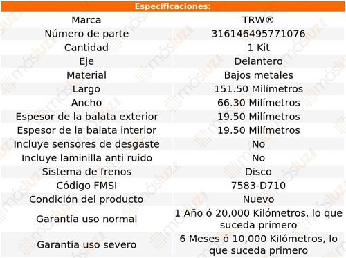 Balatas Bajos Metales Delanteras Mercedes-benz E420 97 Trw Foto 2