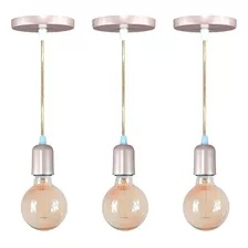 Kit 3 Pendentes Fio Cabo Vintage Retro Industrial E27 Cor Rose Gold 110v/220v