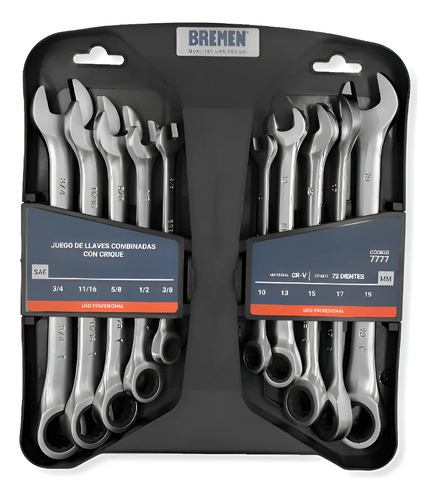 Set Llaves Combinadas Con Crique Bremen Mm Y PuLG 10pz 7777 Cromado