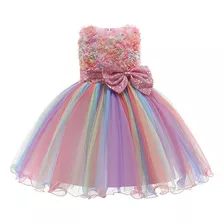 Vestido De Fiesta De Cumpleaños De Arcoíris 3d Flor Princesa