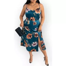 Vestido Midi Plus Size Fenda Cetim Floral