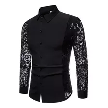 Camisa De Manga Larga Con Encaje Y Solapa Para Hombre Nuevo