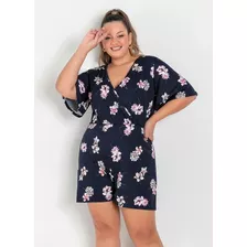 Macaquinho Floral Marinho Com Mangas Plus Size