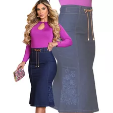 Saia Jeans Sereia Evangelica Midi Elastano Amarração Couro