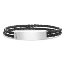 Pulsera De Barra Pulida De Doble Hebra De Cuero Trenzado De 