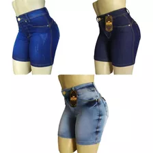 Shorts Jeans Cintura Alta Meia Coxa Lycra Kit Com 3