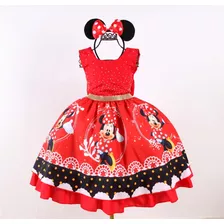 Vestido Infantil Minnie Luxo Fantasia Orelhinha Princesa