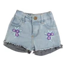 Short De Jeans De Beba Elastizado Con Flores Bordadas