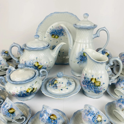 Jogo Bule E Xícaras De Chá Porcelana Pintada À Mão 54 Peças Azul Celeste 2
