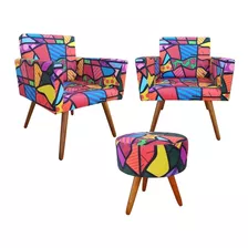 Kit 2 Poltronas Decorativa Vitoria + Puff Romero Brito Kasa