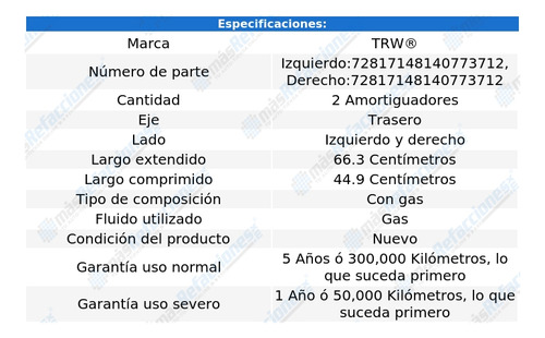 Par De Amortiguadores Gas Traseros S6 De 2016 A 2018 Trw Foto 2