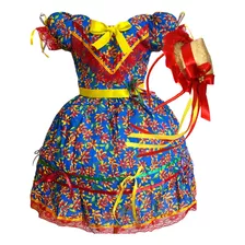 Vestido Festa Junina Moderno Infantil Azul Vermelho São João