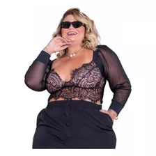 Cropped Plus Size Blusinha Manga Longa Tule Renda Festa