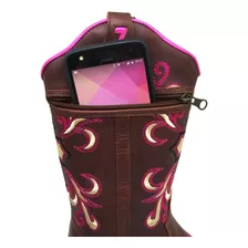 Bota Texana Bolso Porta Celular Couro Marrom Rosa 