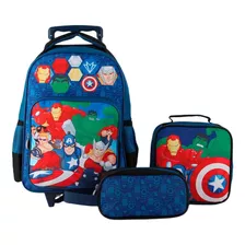 Pack Mochila Con Ruedas Avengers + Estuche + Lonchera 