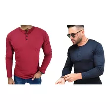 Kit 2 Camiseta Henley Masculina Mlonga 4 Botões - 6 Cores