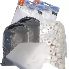 Kit Mídias Filtragem 2kg Cerâmica 2kg Carvão 1m Lã + 2 Bags