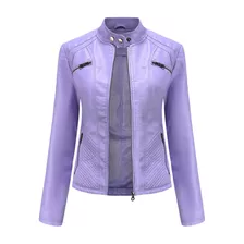 Chaqueta De Cuero Con Cuello Alto De Color Liso Para Mujer [