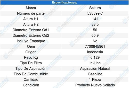 Filtro Combustible Renault Kwid L3 1l 19-20 Sakura 8640872 Foto 2