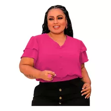 Blusa Social Feminina Plus Size Elástico E Botão Festa Luxo