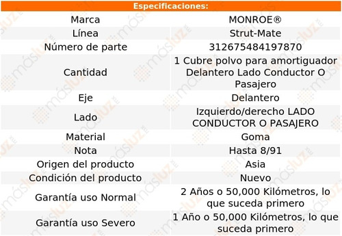 (1) Cubre Polvo Amortiguador Strut-mate Izq/der Del 80 88/91 Foto 3