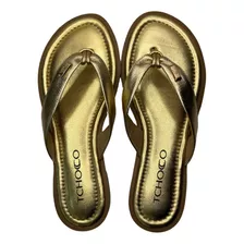 Chinelo Sandália Feminino Confort Tchocco Couro Ouro 10503