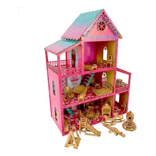 Casinha De Boneca + Kit 36 Moveis Em Mdf Adesivo Montados