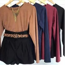 Blusa Suede Manga Longa Tecido Aveludado Gola Redonda