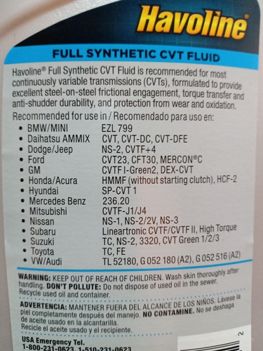 Aceite Mitsubishi Cvtf J1 J4 chevron Full Synthetic 10 Pz Foto 5