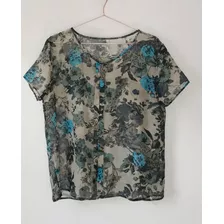 Blusa Modelo Batinha Transparência Floral Cinza