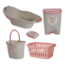 Kit Banho Bebê Menina Rosa Banheira Sabonetera Cesto Lixeira