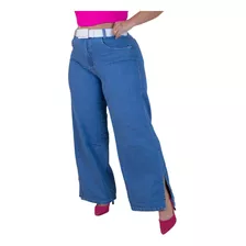 Calça Jeans Wide Leg Plus Size Cinto Branco Fenda Lateral