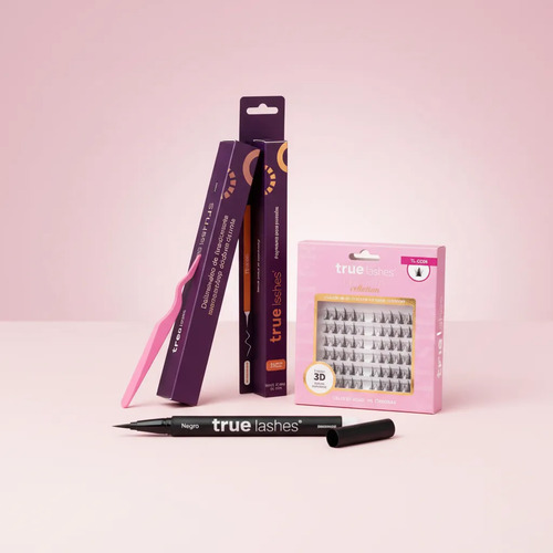 Kit True Lashes: Pinza Aplicadora Punta Curva Rosa + Pestañas Diy 72pzs Negro + Adhesivo Doble 1ml
