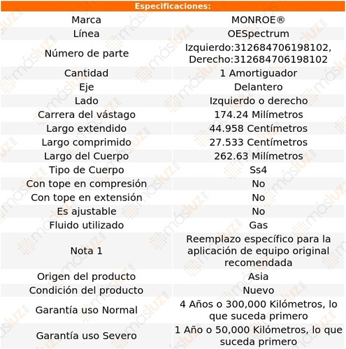 (1) Amortiguador Del Oespectrum Gas Der O Izq Reatta 89/91 Foto 2