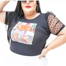 Blusa T-shirt Plus Size Manga Bufante Poa Moda Feminina