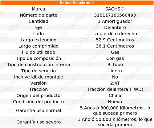 (1) Amortiguador Gas Del Izq/der S60 L5 2.4l 01/03 Sachs Foto 2