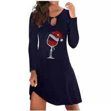 Vestido Largo Para Mujer Con Estampado De Copas De Vino Navi