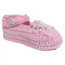 A291 Sapatinho De Croche Feminino Rosa De Menina Com Perolas