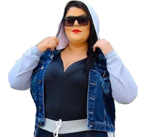Jaqueta Jeans Com Moletom Plus Size Feminina C/ Capuz Blusa