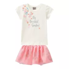 Conjunto Infantil Menina Blusa Cotton E Saia Short Bordada