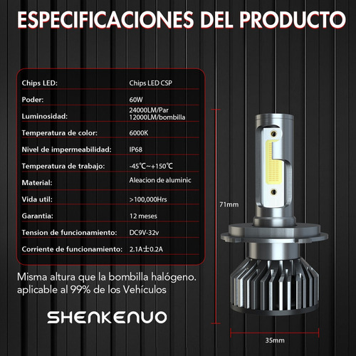 9003 / H4 Faro Led Luz Baja Alta 6000k Luz Blanca Foto 5