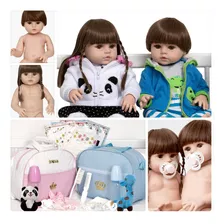 Kit Bebe Reborn Gêmeos Menina Pandinha Com Bolsa Pode Banho