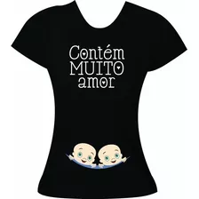 Blusa Gestante Contar Gravidez - Contém Muito Amor - Gêmeos